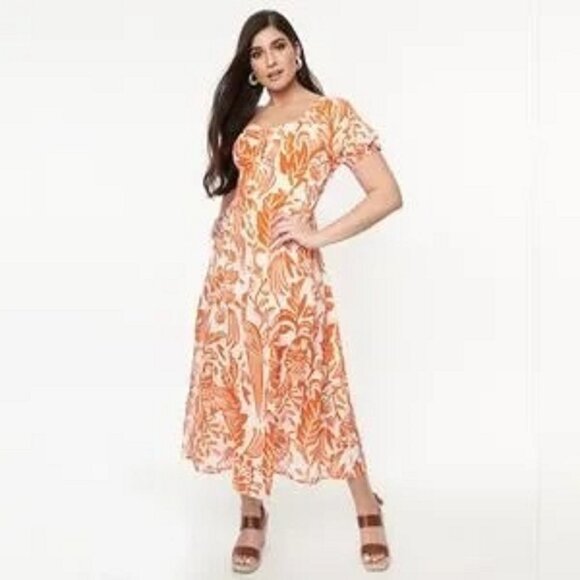 Unique Vintage White Orange Parrot Empire Waist Puff Sleeve Midi Dress - NWT - Picture 1 of 11